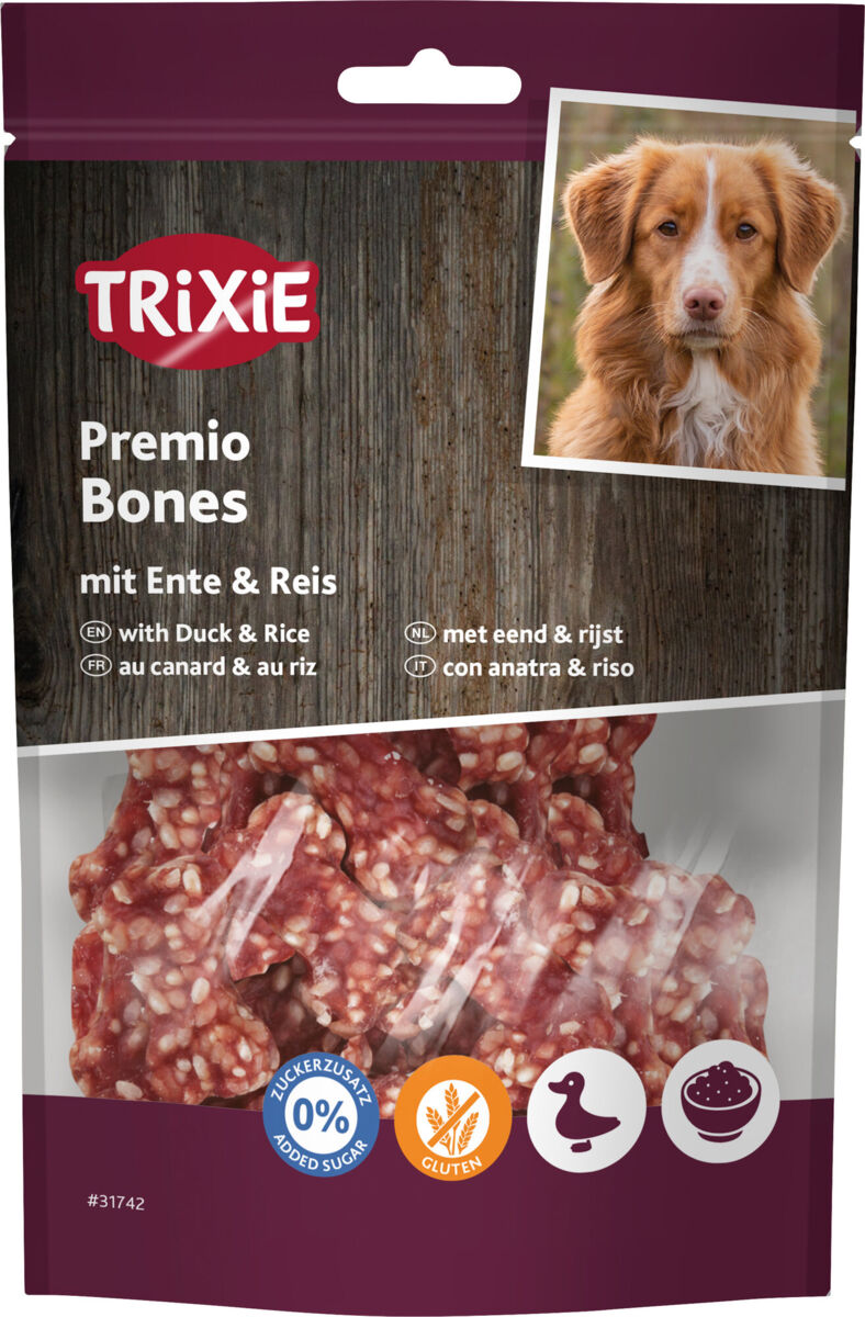 Verpackung von Trixie Premio Bones mit Ente und Reis, Bild eines Hundes, Symbole für zuckerfrei und glutenfrei.