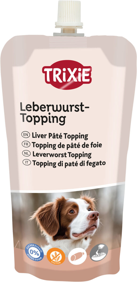 Hundeleckerli-Tube mit Leberwurst-Topping und Bild eines Hundes, mehrsprachige Produktübersetzung, glutenfrei.