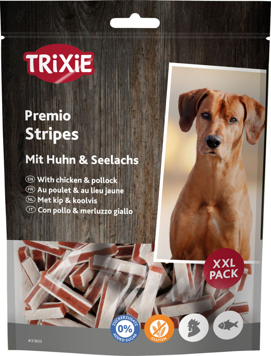 Hundeleckerli-Verpackung mit Huhn- und Seelachs-Stripes, XXL Pack, ohne Zuckerzusatz, glutenfrei, mit Hundebild.