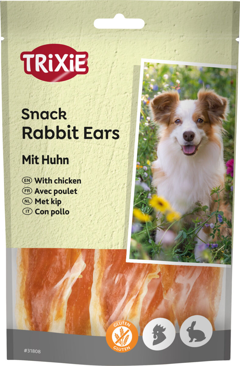 Verpackung von TRIXIE Rabbit Ears Snack mit Huhn, mit Bild eines Hundes und Text in mehreren Sprachen.