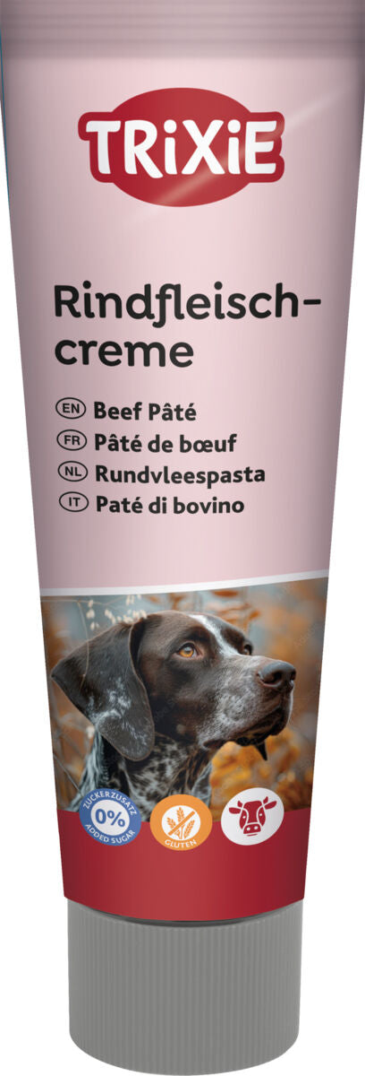Hundeleckerli-Tube mit Rindfleischcreme-Aufdruck, darunter ein Hundebild und Symbole für zuckerfrei und glutenfrei.
