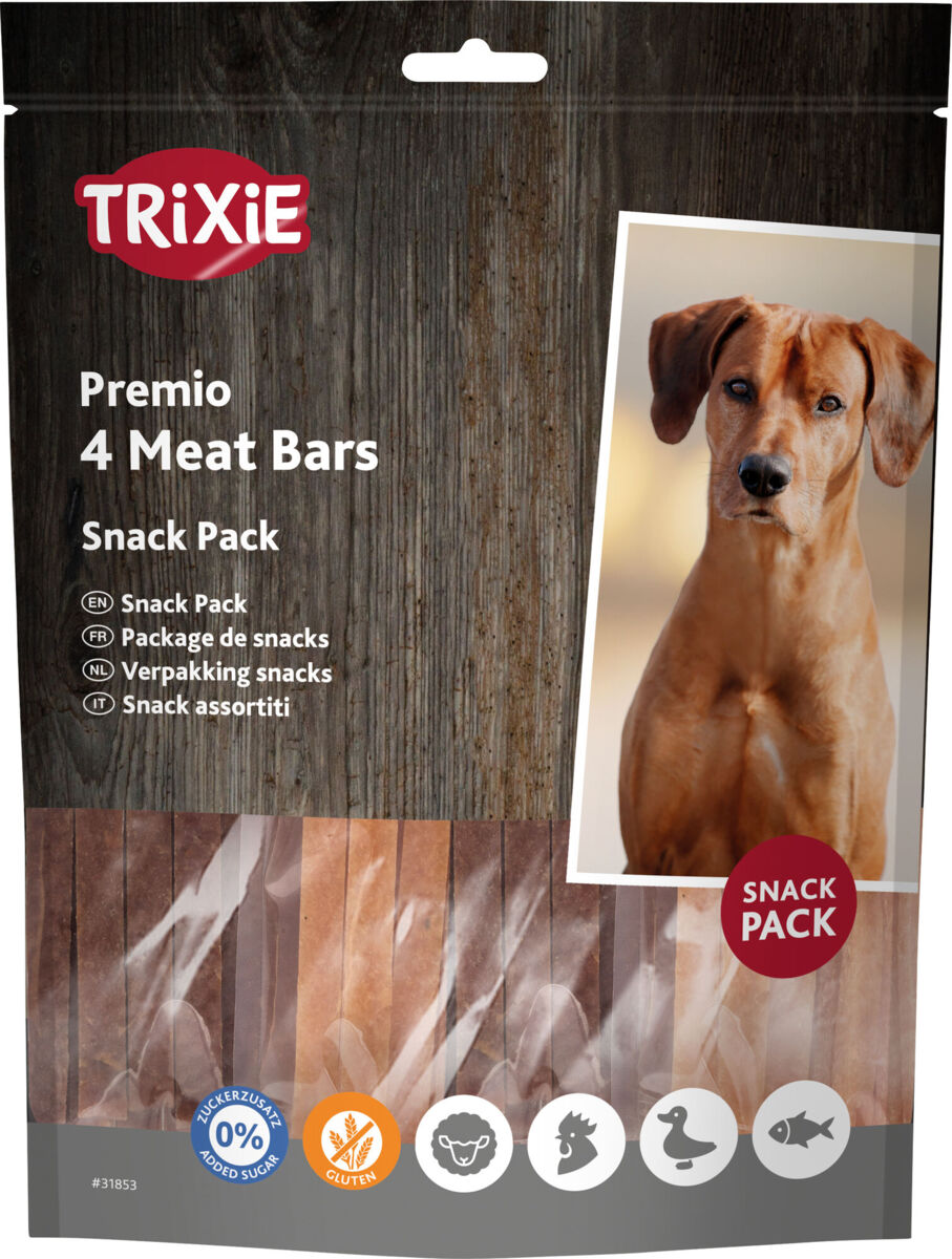 Verpackung mit der Aufschrift "TRIXIE Premio 4 Meat Bars" und einem Bild eines Hundes sowie Icons für Zuckerfreiheit und Glutenfreiheit.