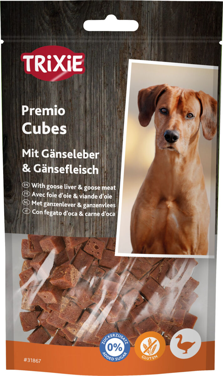 Tüte mit Hundeleckerlis namens "Premio Cubes" von TRIXIE mit Gänseleber und Gänsefleisch, glutenfrei.