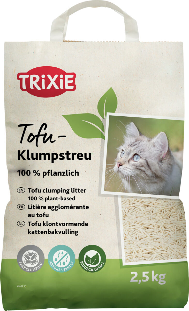 Packung Tofu-Klumpstreu von Trixie, 100 % pflanzlich, mit Bild einer Katze und Text in mehreren Sprachen, 2,5 kg.