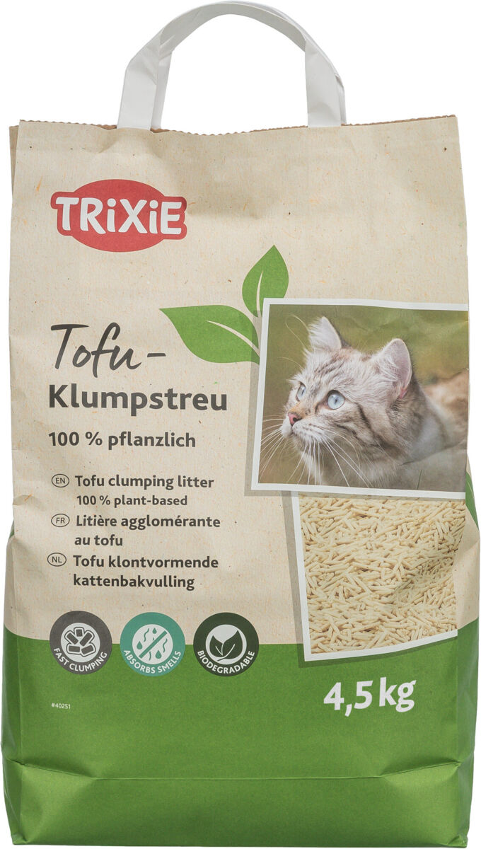 Verpackung von Tofu-Klumpstreu der Marke TRIXIE mit 4,5 kg, abgebildet ist eine Katze und die Schrift „100 % pflanzlich“.