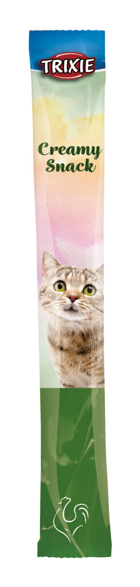 Verpackung eines Katzen-Snacks mit der Aufschrift „Creamy Snack“, einem Katzenbild und einem Markenlogo oben.