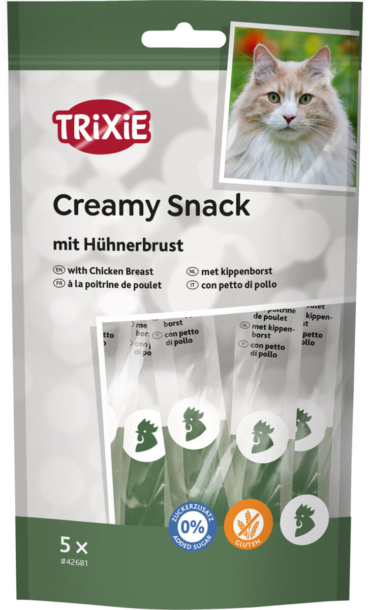 Packung mit TRIXIE Creamy Snack für Katzen mit Hühnerbrust, Bild einer Katze, ohne Zuckerzusatz, glutenfrei.