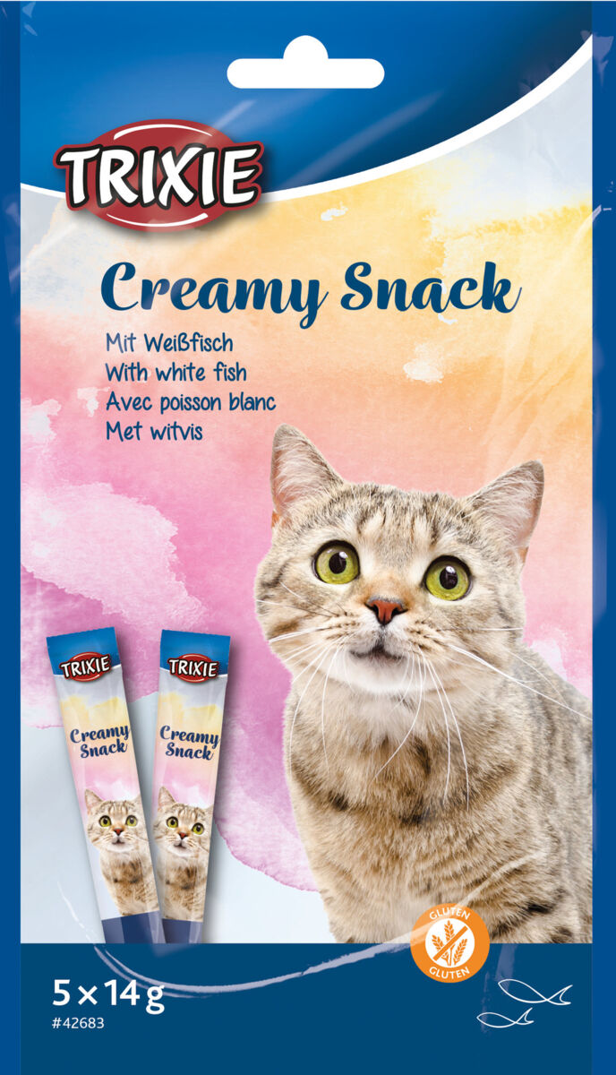 Verpackung von Trixie Creamy Snack für Katzen mit Weißfisch, Katzenbild, bunte Rückseite, 5 x 14g.