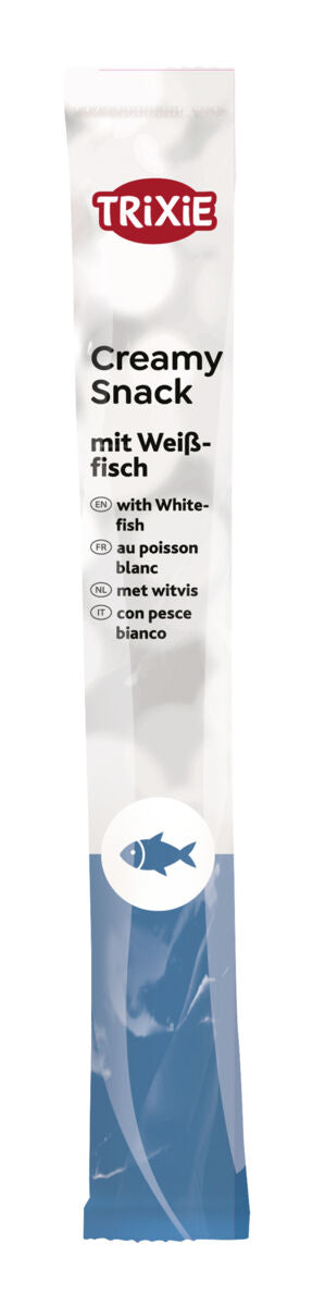 Verpackung eines weißen Snacks für Tiere mit dem Text „TRIXIE Creamy Snack mit Weißfisch“ und blauem Fischsymbol.