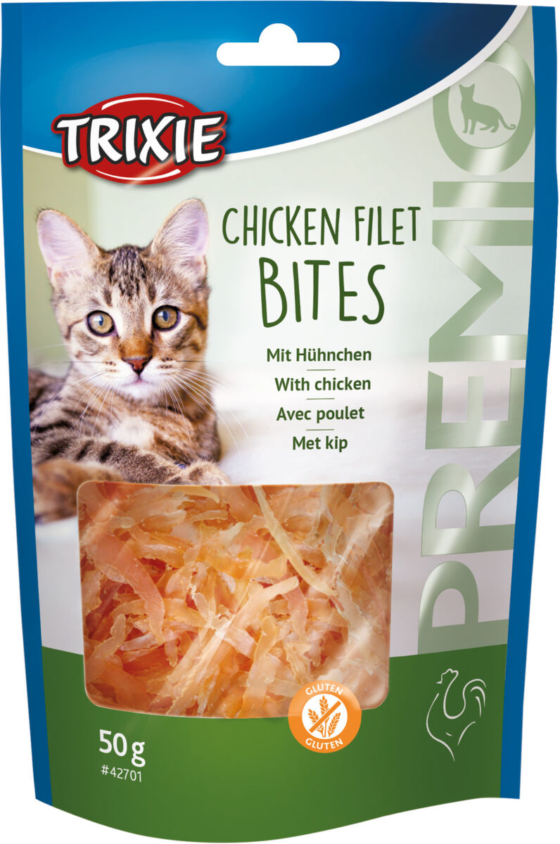 Verpackung von Katzensnacks mit einem Bild einer Katze, Text: "Chicken Filet Bites", 50g, glutenfrei.
