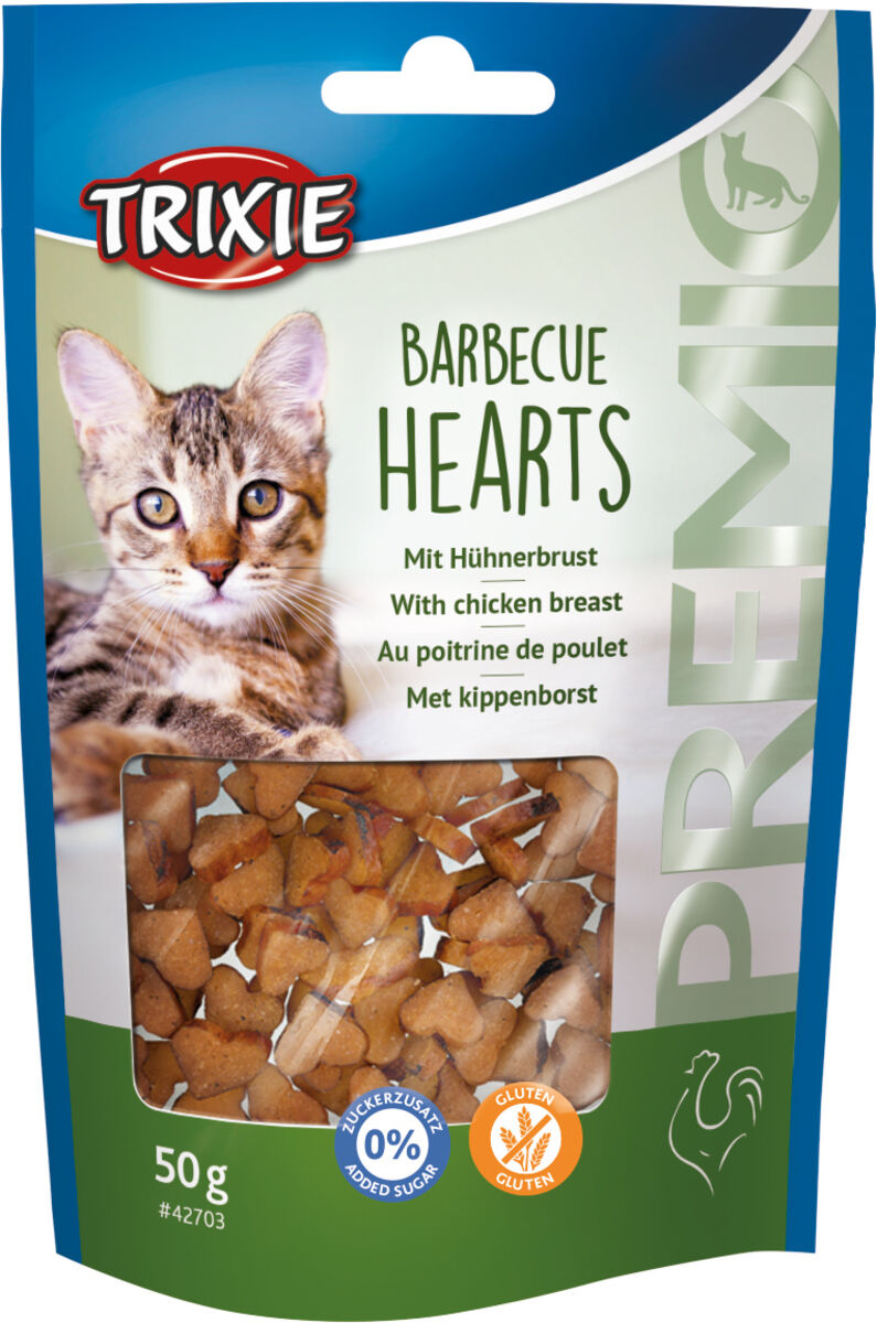 Verpackung mit Katzensnacks in Herzform, Marke "Trixie", mit Hühnerbrust, ohne Zuckerzusatz, 50g.
