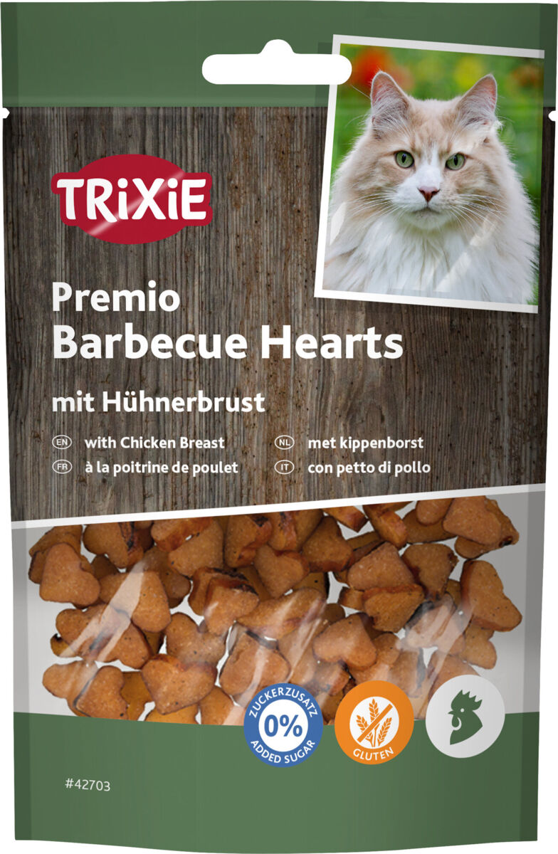 Tüte mit herzförmigen Katzenleckerlis, Aufschrift "TRIXIE Premio Barbecue Hearts mit Hühnerbrust", Bild einer Katze.