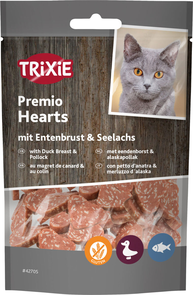 Verpackung von Trixie Premio Hearts mit Entenbrust und Seelachs, zeigt ein Bild einer grauen Katze und herzförmige Snacks.