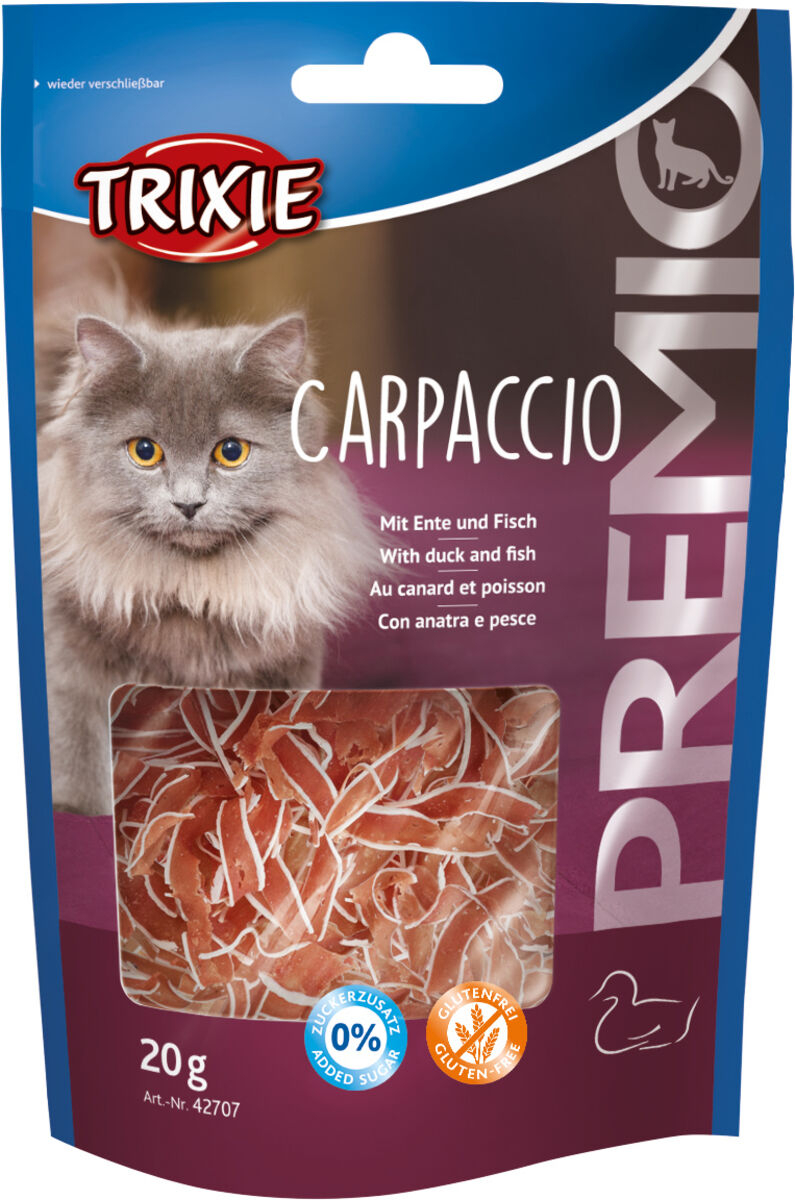 Eine blaue Verpackung Trixie Premio Carpaccio Katzensnack, 20g mit Ente und Fisch, zuckerfrei und glutenfrei, zeigt Katzenbild.