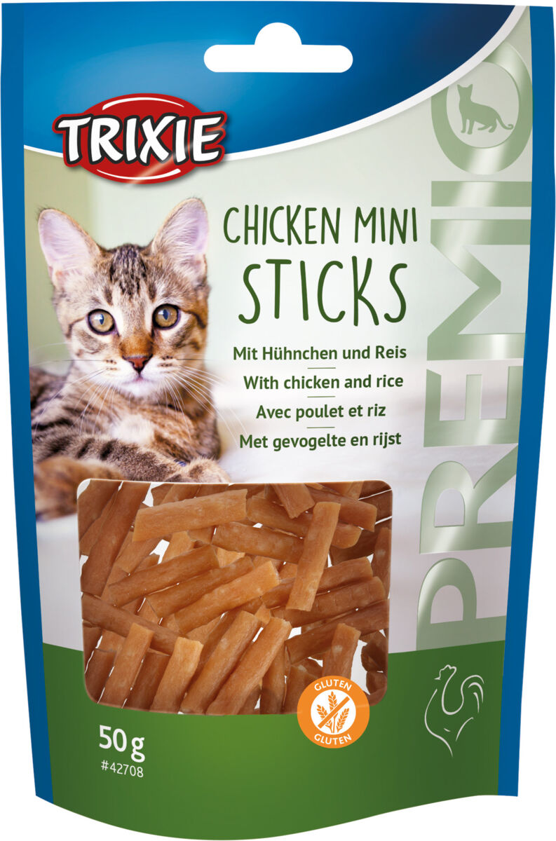 Verpackung von Katzenleckerlis mit Hähnchen und Reis, Bild von Katze, Produktmarke "Trixie", 50 g, glutenfrei.