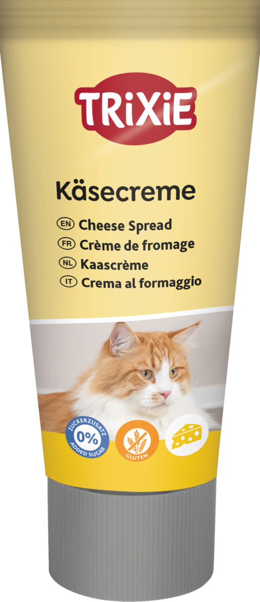 Gelbe Tube mit der Aufschrift "Trixie Käsecreme" und Bilder eines orange-weißen Katzen mit Textsymbolen für gluten- und zuckerfrei.