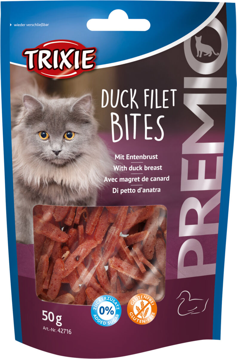 Verpackung mit grauer Katze, Beschriftung "Duck Filet Bites", enthält Entenbrust, 50 g, zuckerfrei, glutenfrei.
