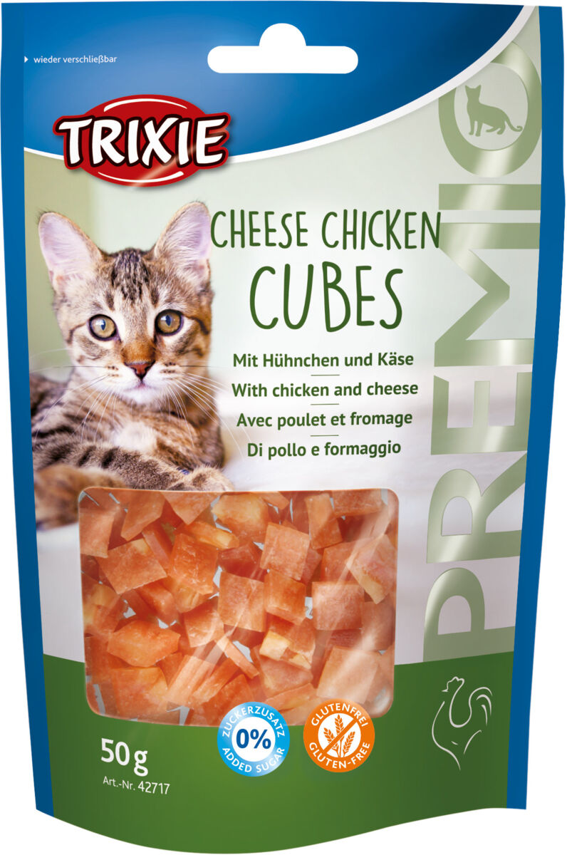 Verpackung von Katzenleckerlis mit Huhn und Käse, ein Bild einer Katze, orangefarbene Würfel sichtbar, 50 g.