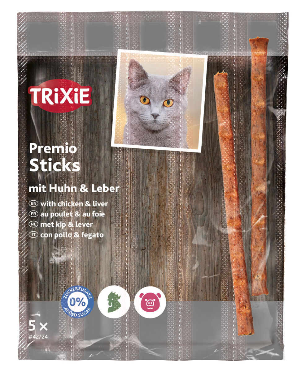 Verpackung mit zwei braunen Sticks, Marke Trixie, Katze abgebildet, Text "Premio Sticks mit Huhn & Leber".
