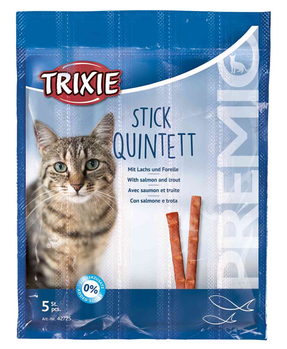 Verpackung mit Katzenbild und Aufschrift "Stick Quintett" in mehreren Sprachen, fünf Stück, 0% Zuckerzusatz.