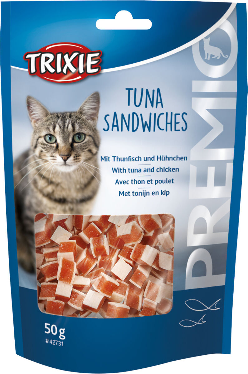 Katzensnack-Verpackung mit Thunfisch- und Hühnchen-Stückchen, Aufschrift „Tuna Sandwiches“, 50 g, Blauer Hintergrund.