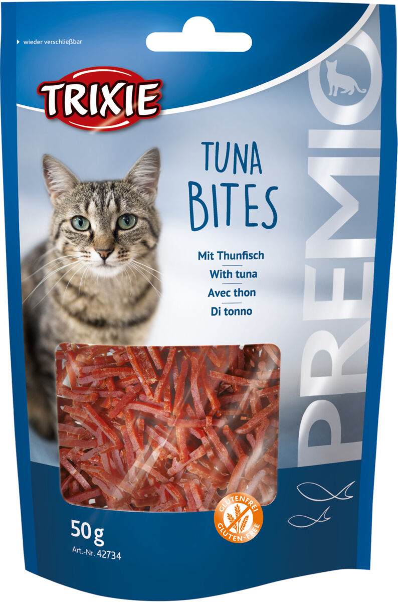 Blau-weiße Verpackung mit Katzenbild, Text "TRIXIE", "TUNA BITES", Thunfisch-Geschmack, 50g, glutenfrei.