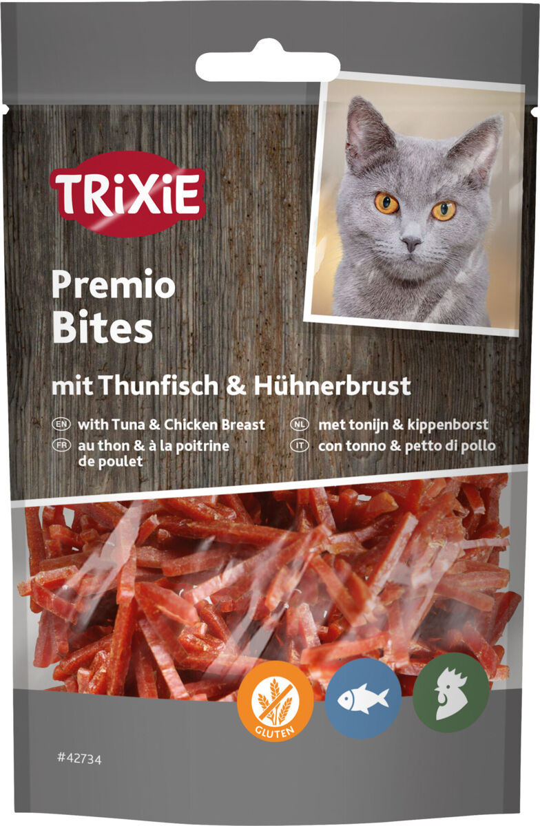 Verpackung für Katzensnacks mit Thunfisch- und Hühnerbrustgeschmack, oben Bild von einer grauen Katze, TRIXIE Logo.