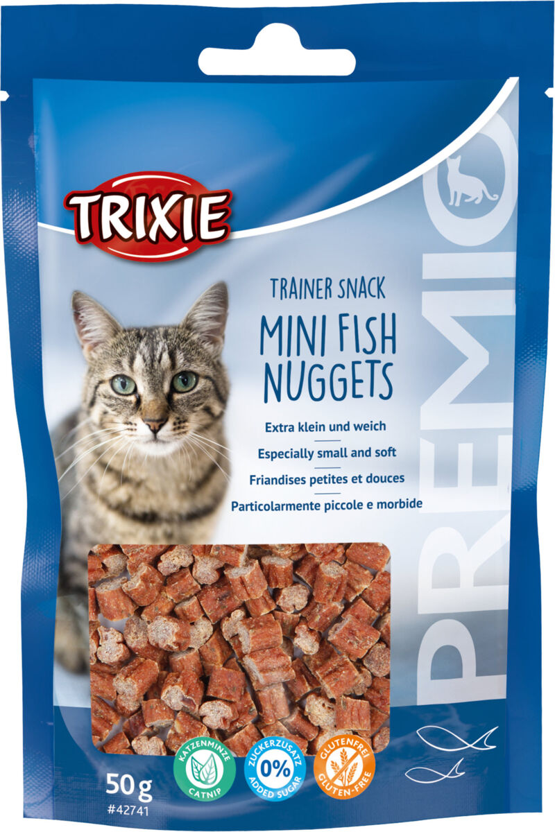 Verpackung mit Katzenbild, Trixie-Logo und Aufschrift "Mini Fish Nuggets"; 50g Packung Katzenleckerlis, blaues Design.
