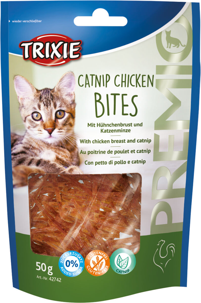 Trixie Catnip Chicken Bites Verpackung mit Katzenbild, 50 g, zuckerzusatzfrei, glutenfrei, mit Katzenminze.