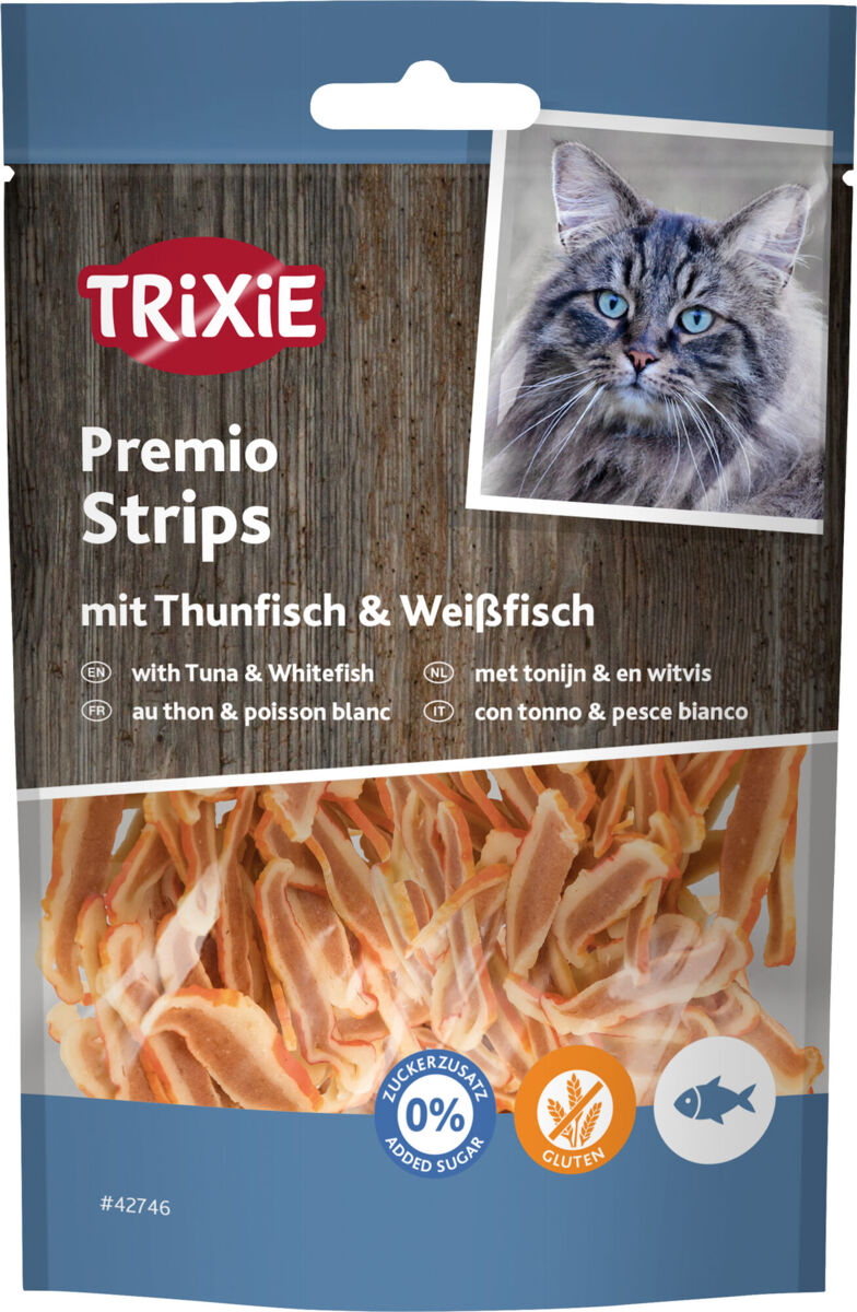 Tüte mit Snacks für Katzen, "Premio Strips" mit Thunfisch und Weißfisch, Foto von Katze, blaues Design.