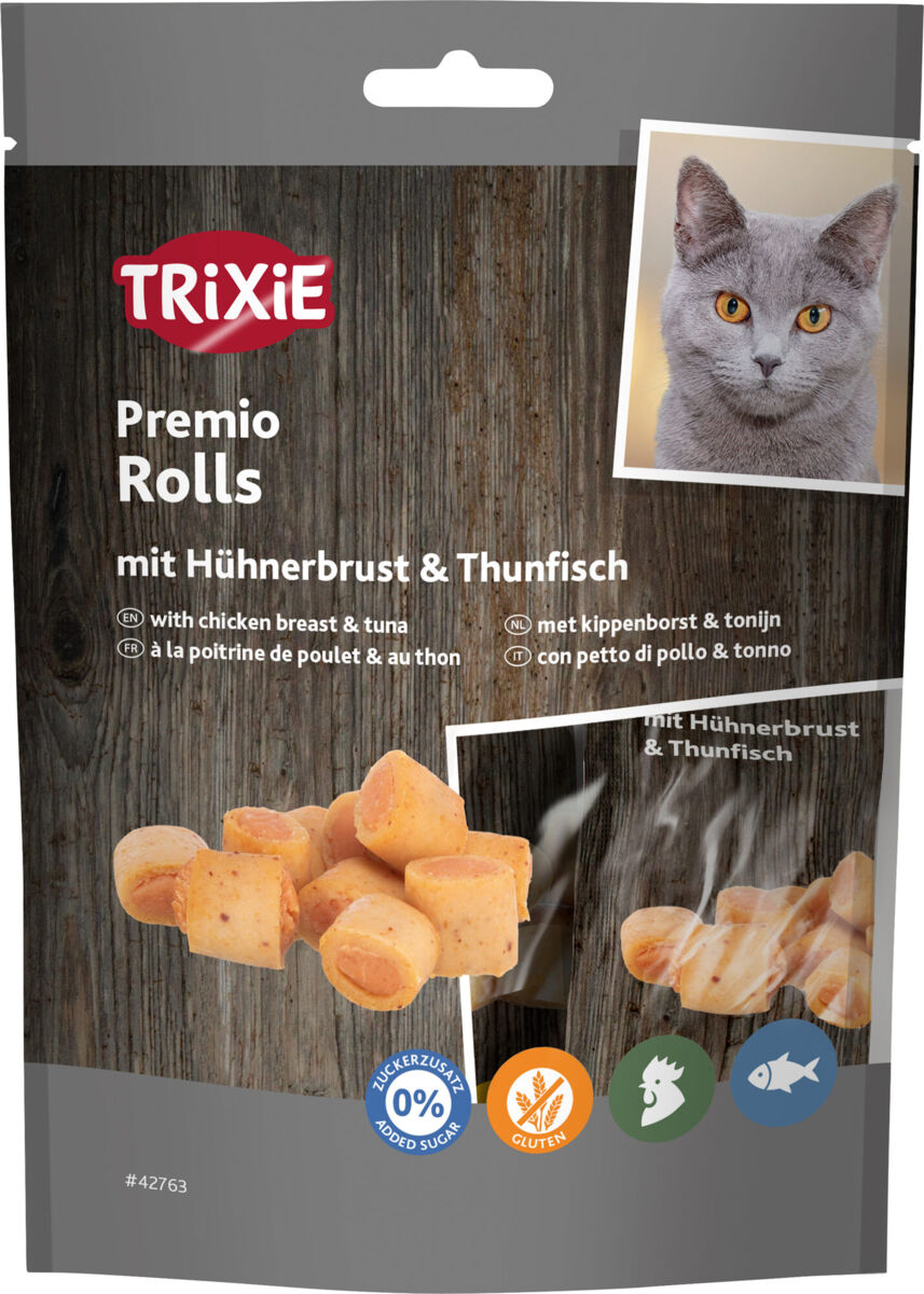 Tüte mit Katzenfutter von Trixie, Premio Rolls, mit Hühnerbrust und Thunfisch, Bild einer Katze, ohne Zuckerzusatz, glutenfrei.