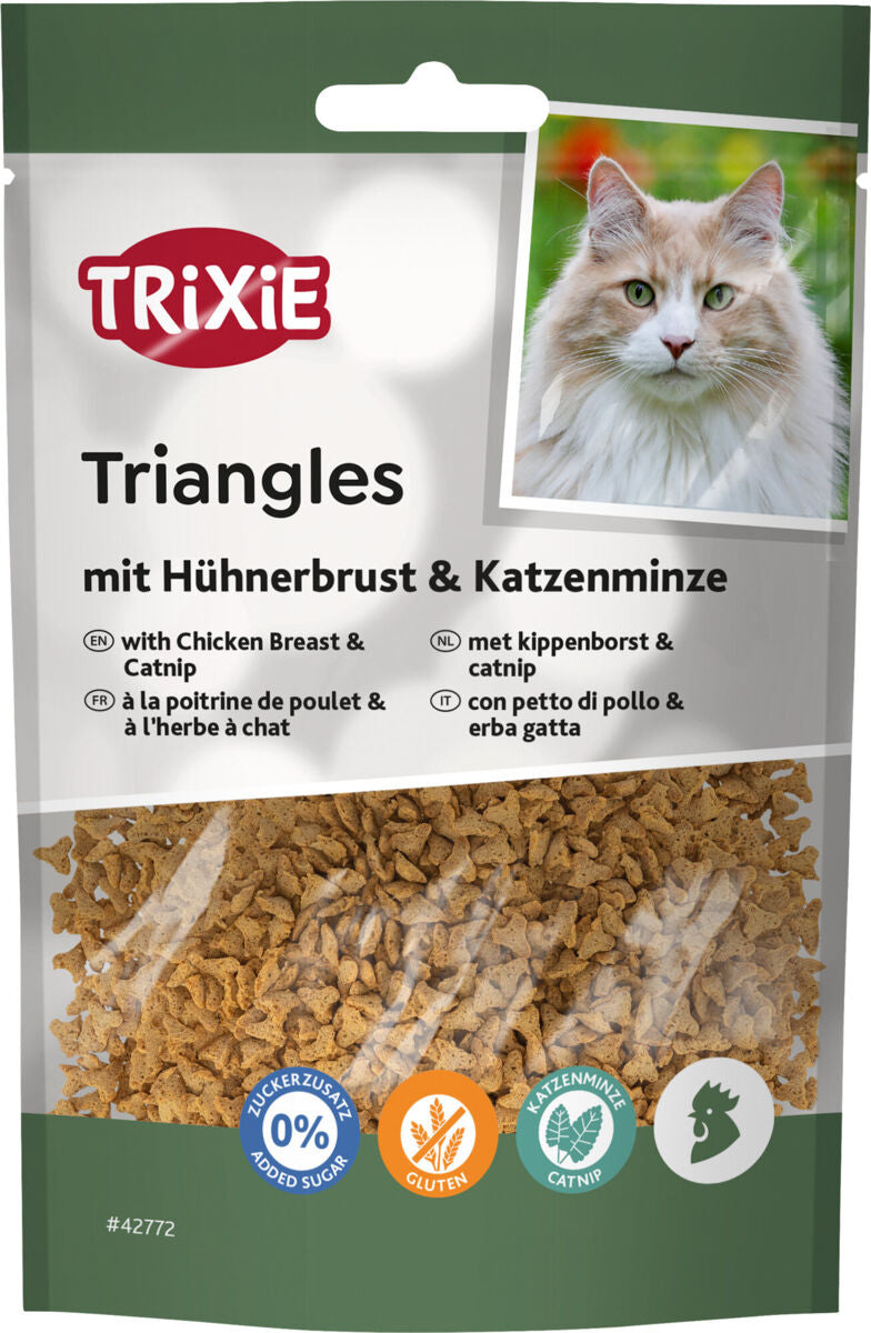 Verpackung mit Trixie Katzensnacks aus Hühnerbrust und Katzenminze, ohne Zuckerzusatz und glutenfrei, Bild einer Katze.