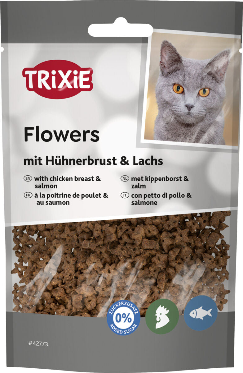 Verpackung mit Katzenfutter in braunen Stückchen, Markenname "Trixie" und Geschmacksangaben "Hühnerbrust & Lachs".