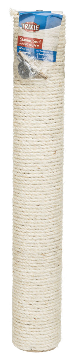 Ein zylinderförmiger Stamm mit weißem Sisal umwickelt, verpackt mit Schrauben und einer blauen Verpackung mit Text.