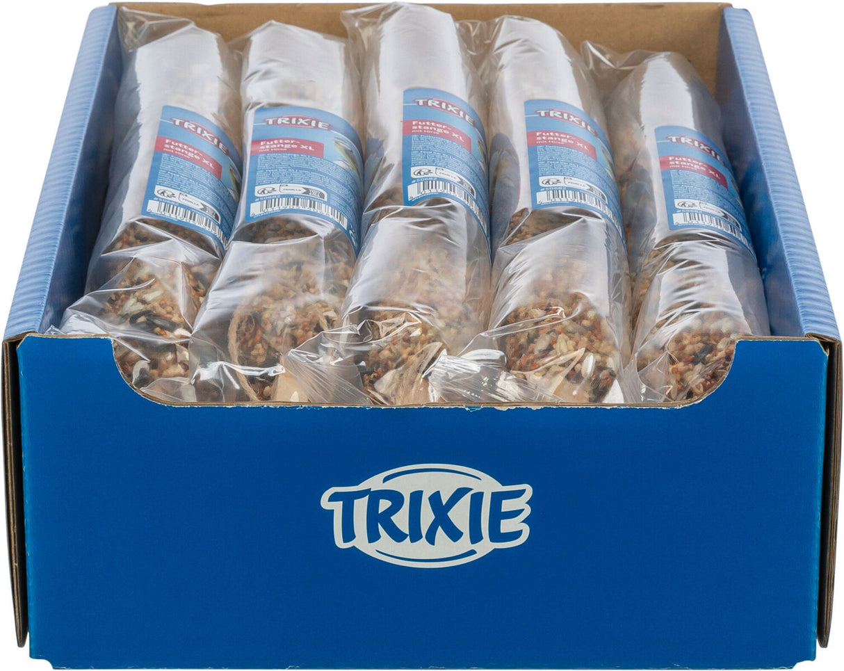 Sechs in Plastik verpackte Vogelfutterrollen in einem blauen Karton mit Trixie-Logo.