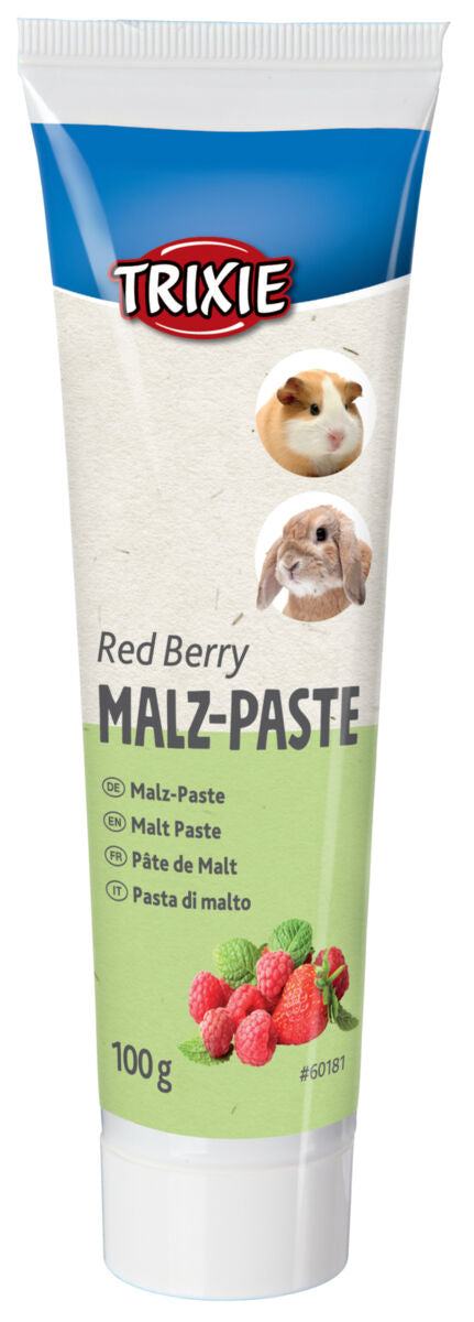 Malz-Paste Tube mit "Trixie"-Logo, Bildern eines Meerschweinchens und Kaninchens, Erdbeer- und Himbeerabbildung.