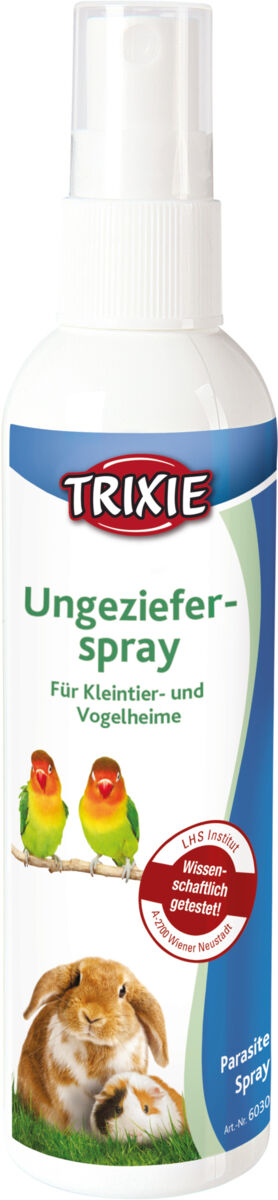 Flasche mit Ungezieferspray für Kleintier- und Vogelheime, Etikett zeigt Kaninchen, Meerschweinchen und Vögel.