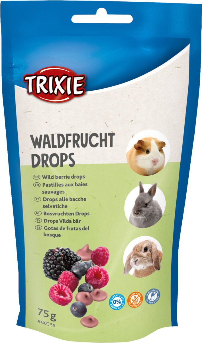 Verpackung mit Trixie-Logo, Text "Waldfrucht Drops", Bildern von Tieren und Beeren, Gewicht 75g.
