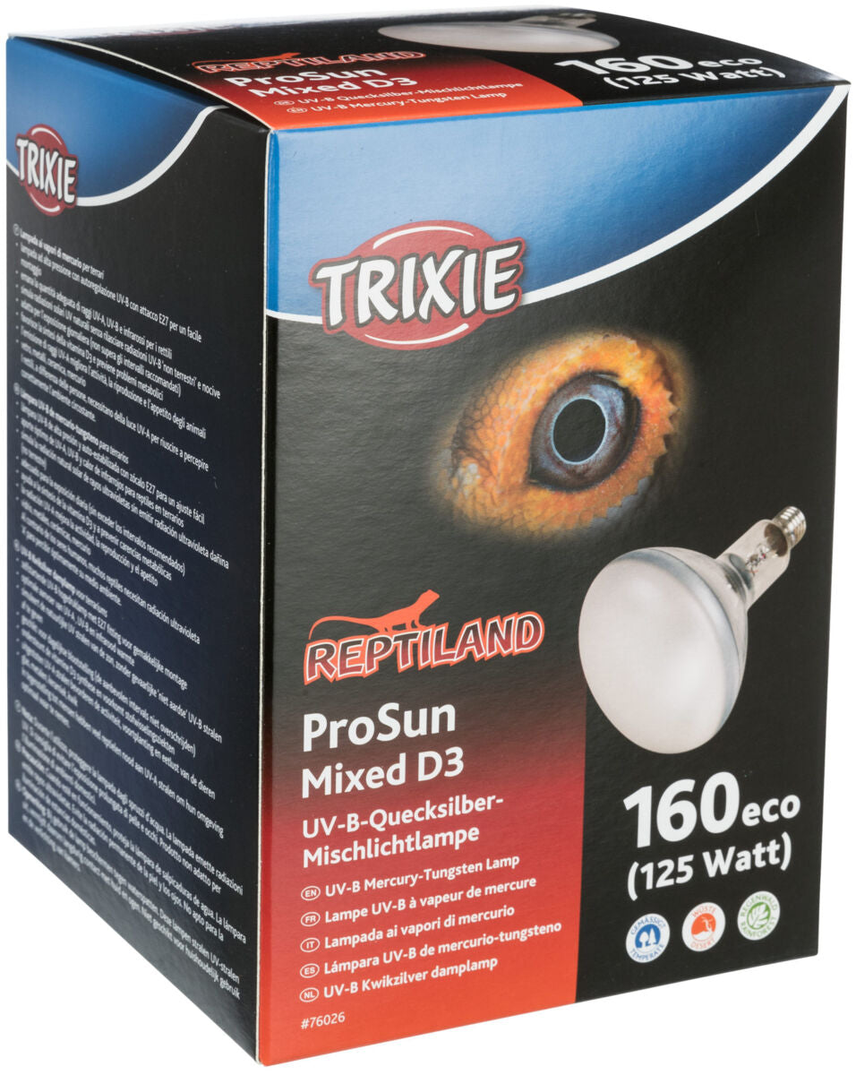 Verpackung einer UV-B-Quecksilber-Mischlichtlampe der Marke TRIXIE ProSun Mixed D3 mit 125 Watt und Reptilien-Motiv.