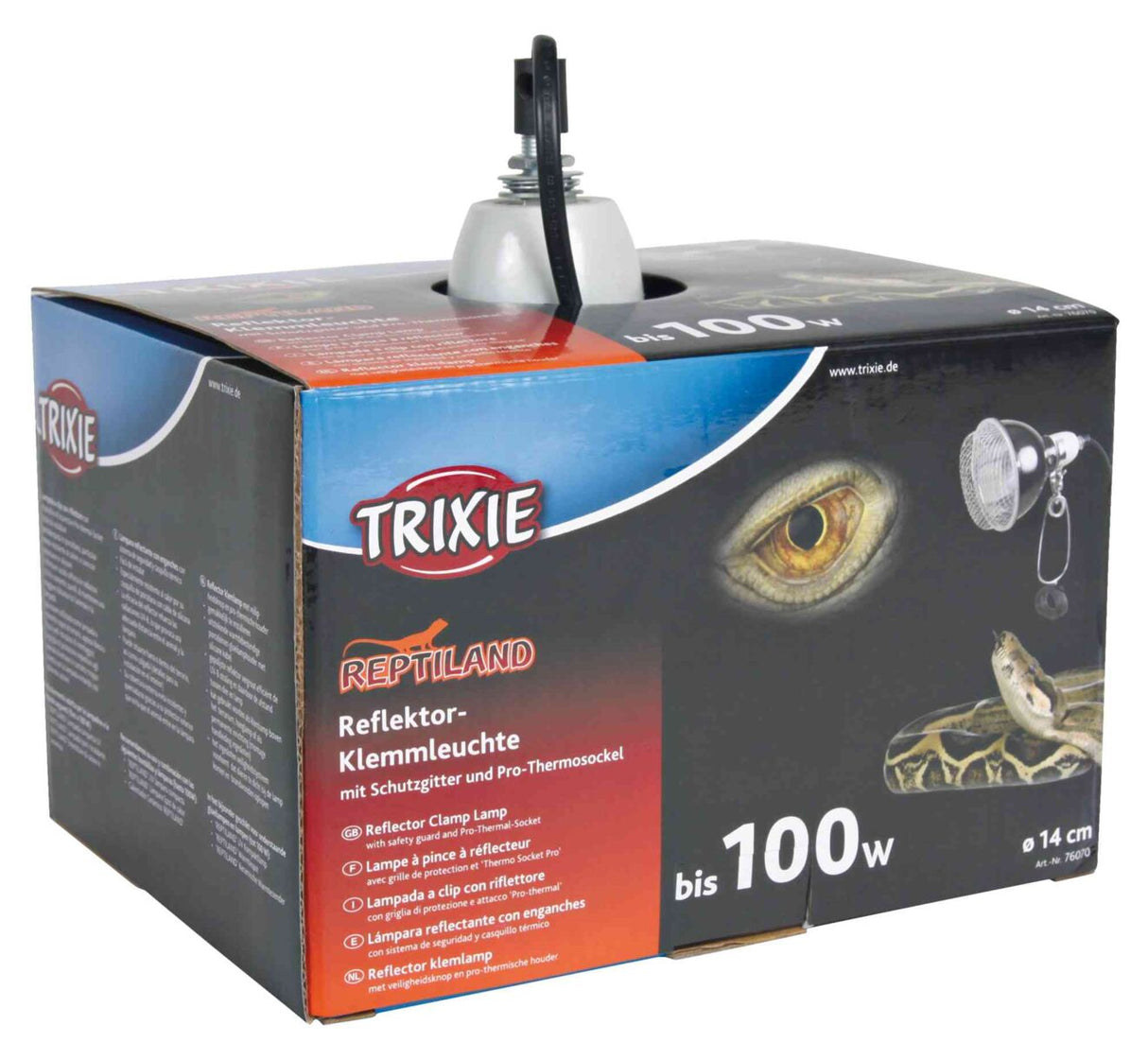 Verpackung der Trixie Reptiland Reflektor-Klemmleuchte für bis zu 100 Watt mit Schutzhülle und Klemme.
