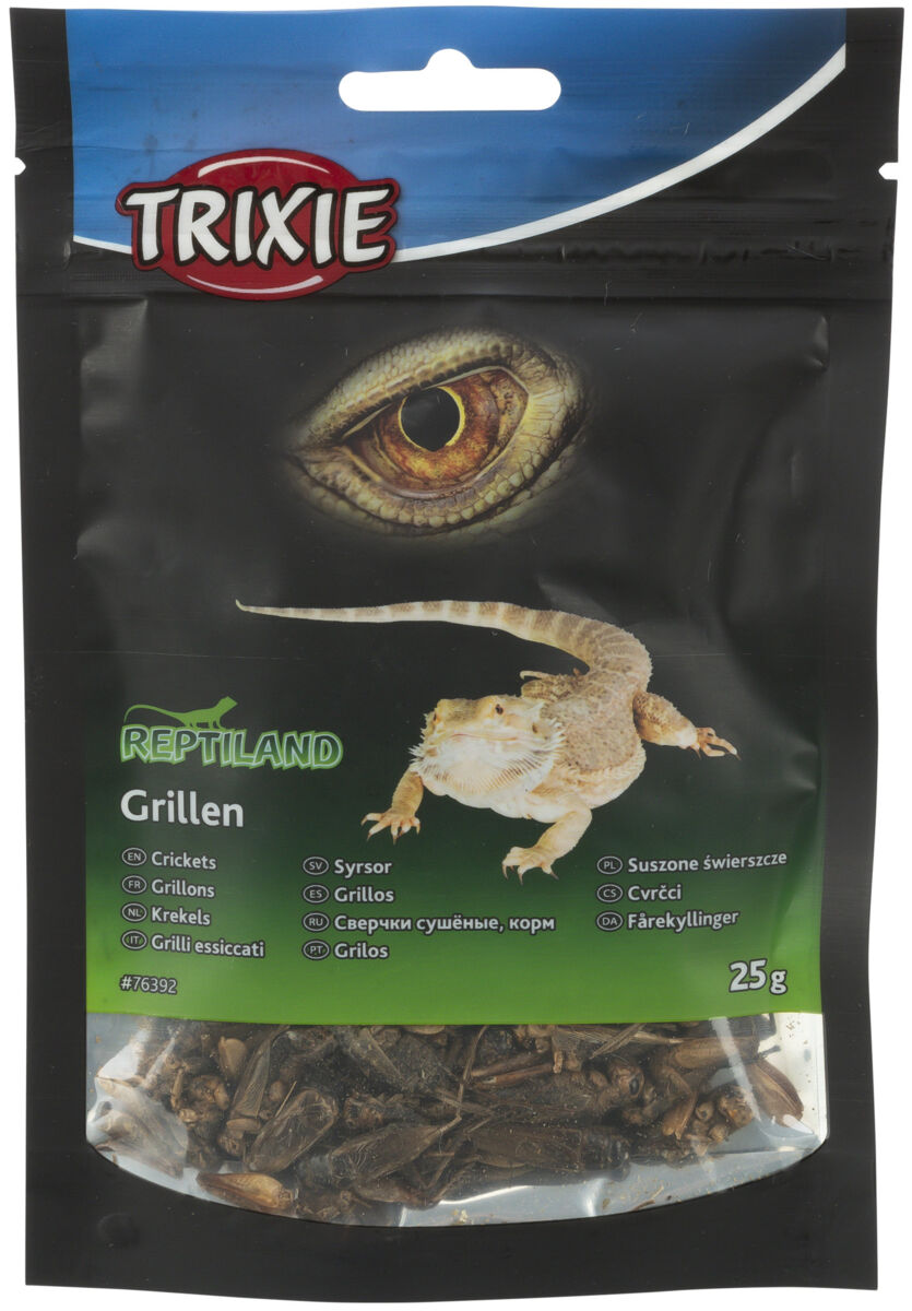 Verpackung mit getrockneten Grillen von Trixie, oben ein Bild eines Reptilienauges und einer Echse auf schwarzem Hintergrund.