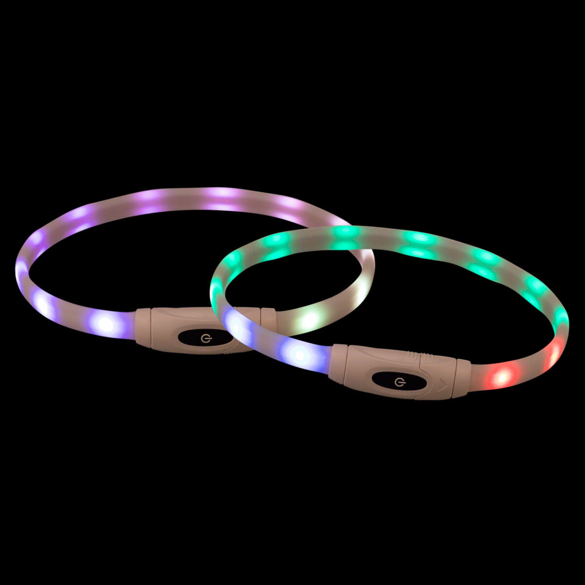 Zwei LED-Leuchtbänder in unterschiedlichen Farben, eines mit lila und weiß, das andere mit grün und rot leuchtend.