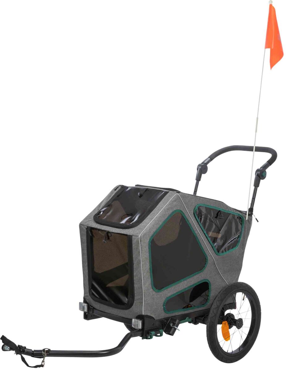 Grau-schwarzer Fahrradanhänger mit zwei Rädern und orangener Fahne, rechteckige Form, mehrere Fenster.
