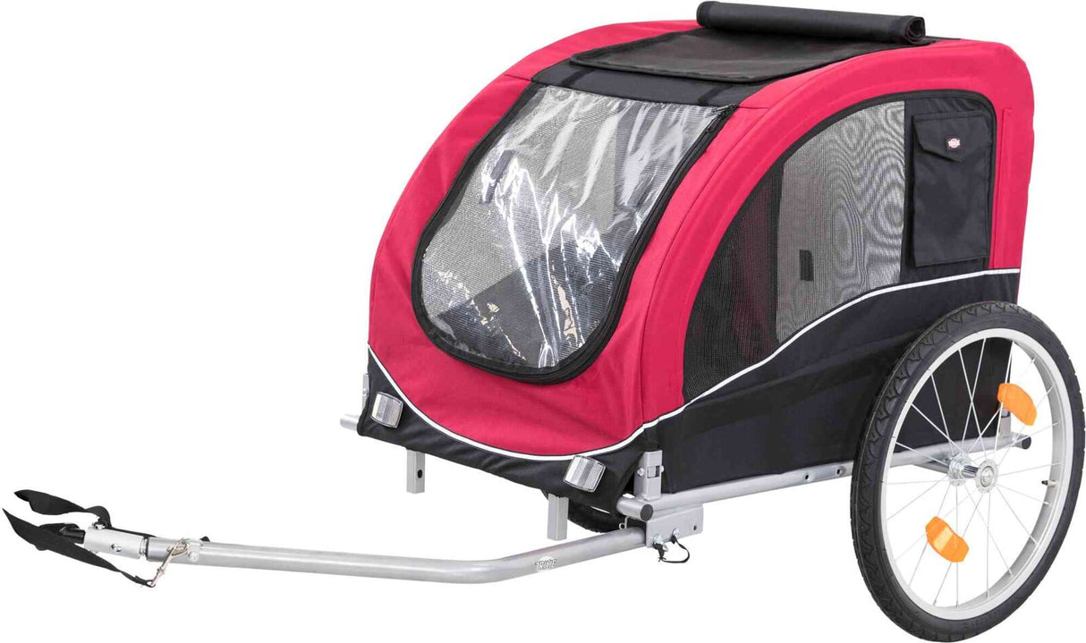 Roter Fahrradanhänger mit zwei Rädern, seitlichem Netzfenster und transparenter Frontabdeckung.