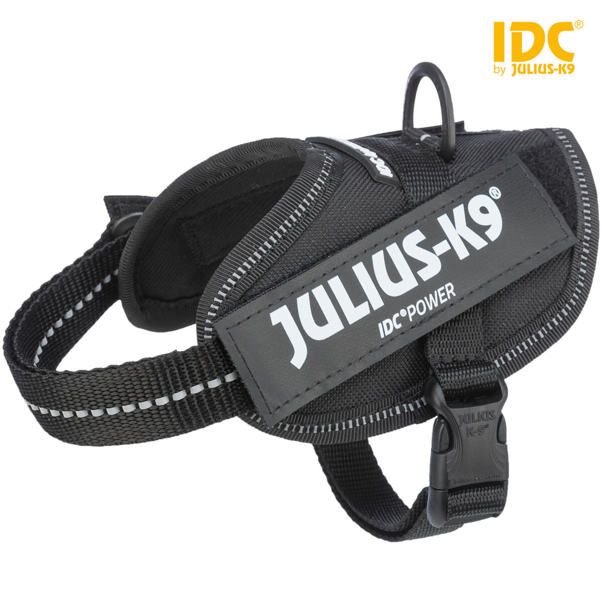 Schwarzes Julius-K9-Hundegeschirr mit seitlichem Schriftzug und reflektierenden Streifen.
