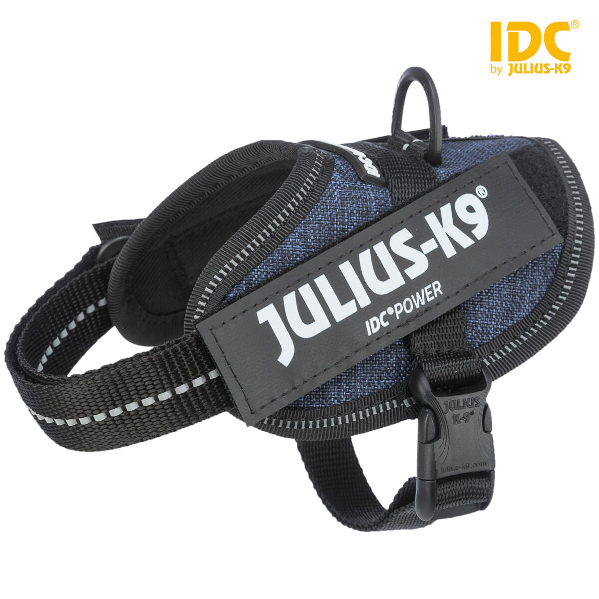Hundegeschirr in Schwarz und Blau mit Aufschrift "JULIUS-K9 IDC®POWER" und reflektierenden Nähten.
