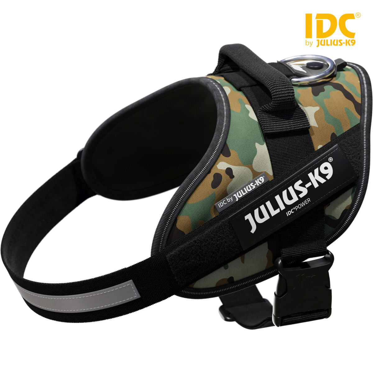 Hundegeschirr mit Camouflage-Muster und schwarzem Verschluss, Aufschrift Julius-K9, IDCPower, IDCBY.