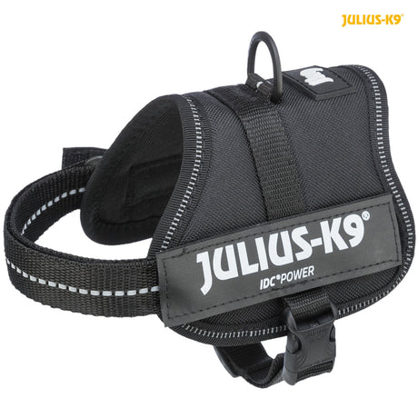 Schwarzes Hundegeschirr mit reflektierenden Streifen und sichtbarem "Julius-K9" Logo.