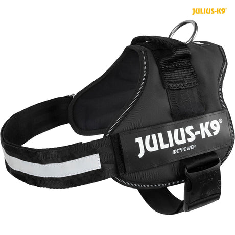 Schwarzes Hundegeschirr mit reflektierenden Streifen und dem Aufdruck "Julius-K9 IDC Power" auf der Seite.