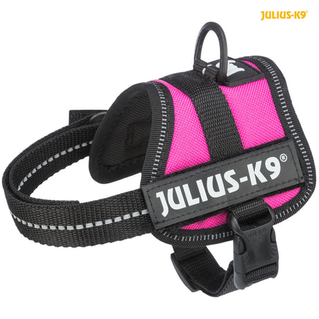 Pinkes Hundegeschirr von Julius-K9 mit schwarzem Rand und reflektierenden Streifen, Clip-Verschluss sichtbar.